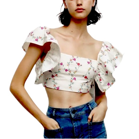NWT Zara Floral Cropped Ruffle Shoulder Coquette Cottage Core Statement Top S - Picture 4 of 10